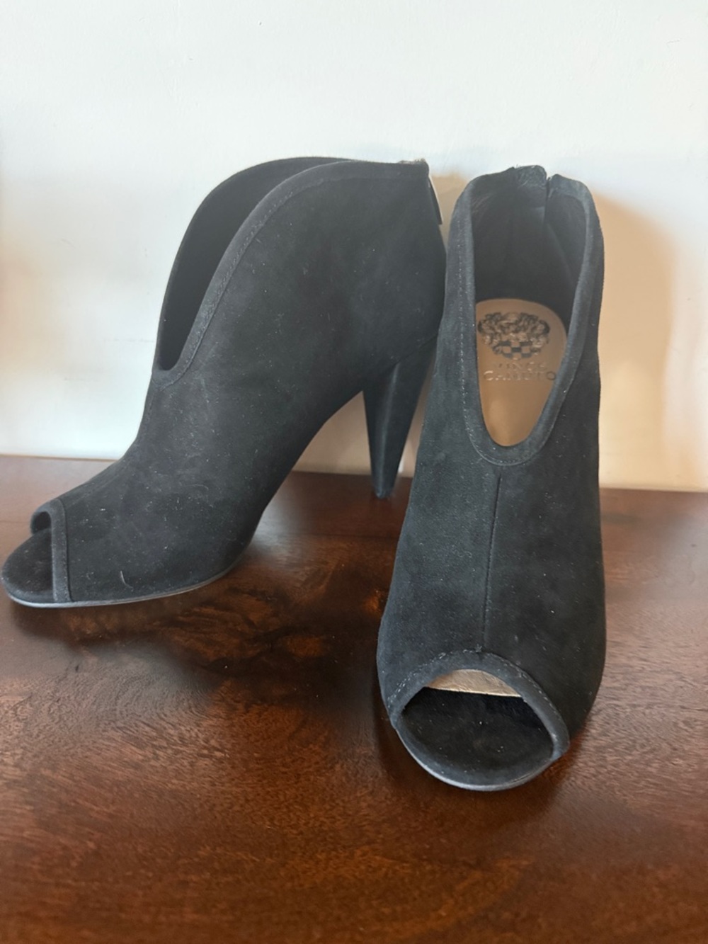 Vince Camuto Black Suede Peep-Toe Booties,”Amber” NEW IN BOX, 8.5